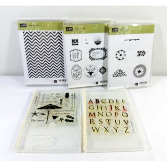 Stampin’ Up Lot Of 5 Stamp Sets Unmounted Day at the Beach Trajan Chevron Merry - Picture 1 of 16